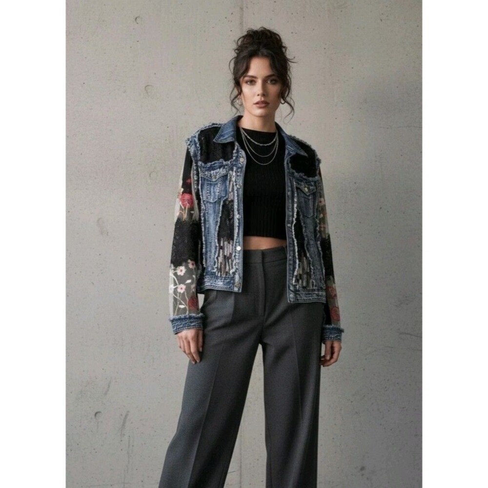 Dahling E-Girl Cottagecore Patchwork Denim Jacket L Floral Lace Whimsigoth Fairy